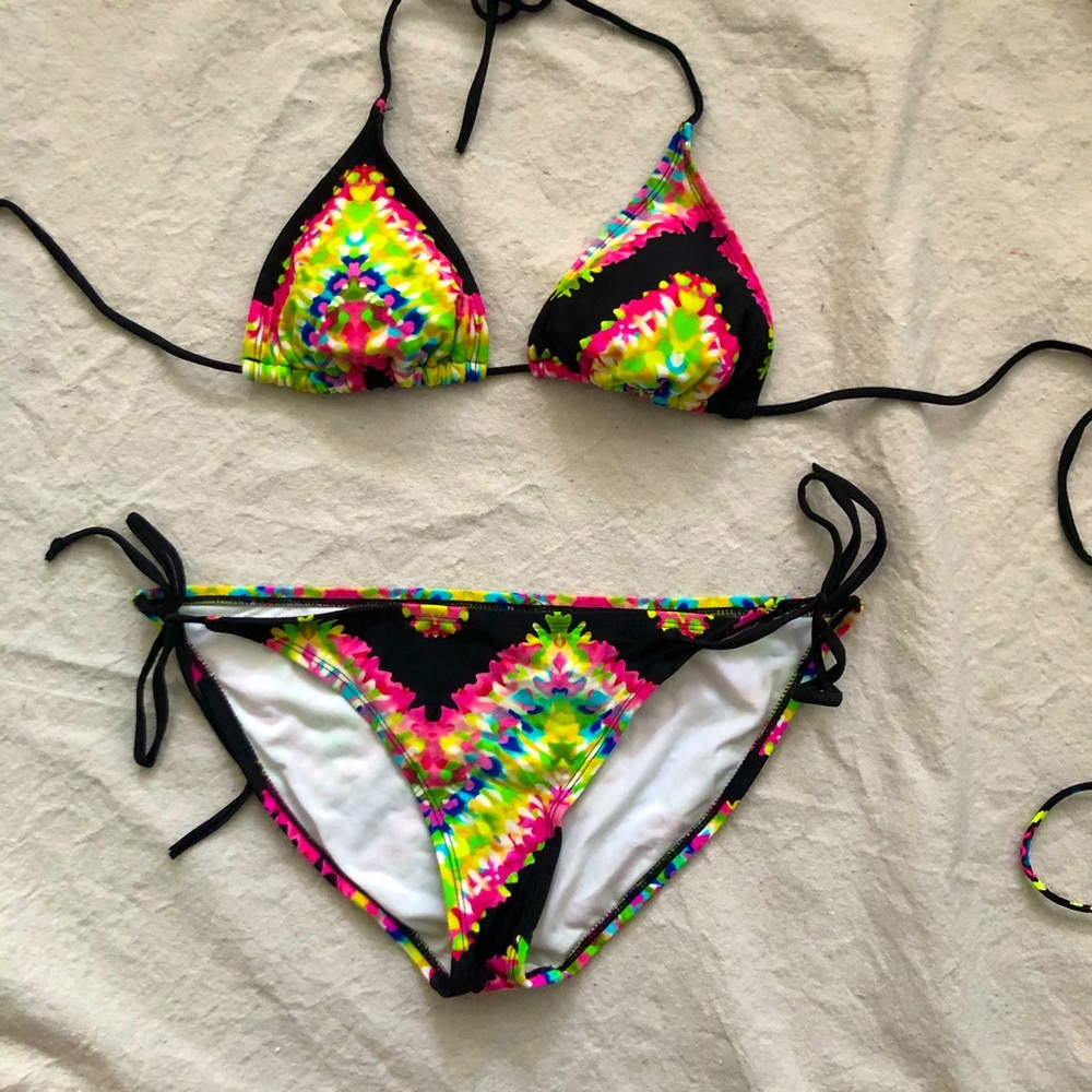 Black with neon tie dye triangle top string bikini